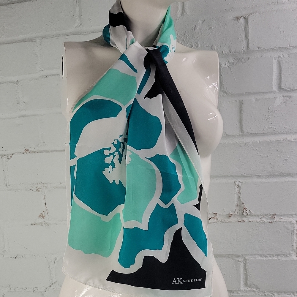 Anne Klein Teal and Black Tropical Floral Scarf 60" X14" 100% Silk